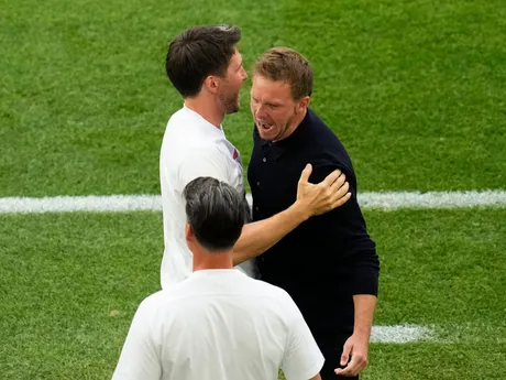 Germany's head coach Julian Nagelsmann, right, reacts after a goal during a Group A match between Germany and Hungary at the Euro 2024 soccer tournament in Stuttgart, Germany, Wednesday, June 19, 2024. (AP Photo/Themba Hadebe)

- XEURO2024X
