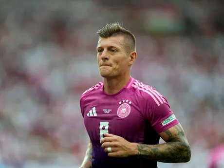 Germany's Toni Kroos jogs across the field during a Group A match between Germany and Hungary at the Euro 2024 soccer tournament in Stuttgart, Germany, Wednesday, June 19, 2024. (AP Photo/Matthias Schrader)

- XEURO2024X