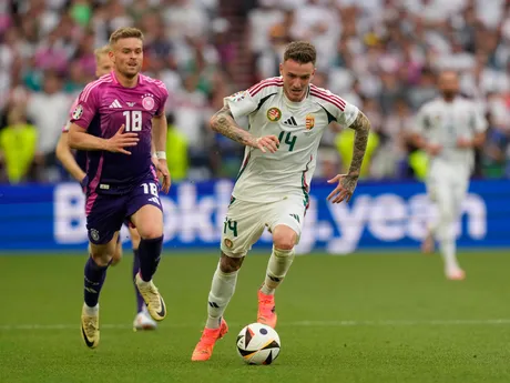Hungary's Bendeguz Bolla controls the ball during a Group A match between Germany and Hungary at the Euro 2024 soccer tournament in Stuttgart, Germany, Wednesday, June 19, 2024. (AP Photo/Antonio Calanni)

- XEURO2024X