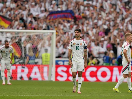 Hungary' players react after Germany's Ilkay Gundogan scored his side's second goal during a Group A match between Germany and Hungary at the Euro 2024 soccer tournament in Stuttgart, Germany, Wednesday, June 19, 2024. (AP Photo/Antonio Calanni)

- XEURO2024X