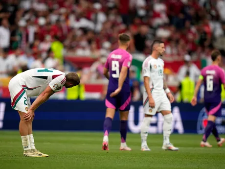 Hungary players react after a Group A match between Germany and Hungary at the Euro 2024 soccer tournament in Stuttgart, Germany, Wednesday, June 19, 2024. (AP Photo/Matthias Schrader)

- XEURO2024X