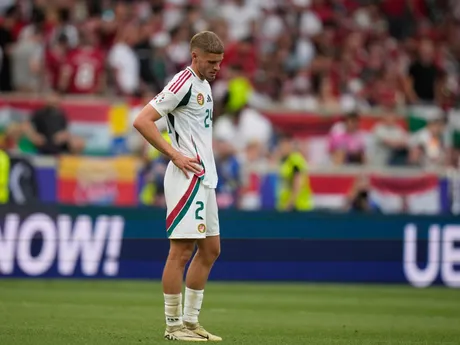 Hungary's Marton Dardai (24) react after a Group A match between Germany and Hungary at the Euro 2024 soccer tournament in Stuttgart, Germany, Wednesday, June 19, 2024. (AP Photo/Matthias Schrader)

- XEURO2024X