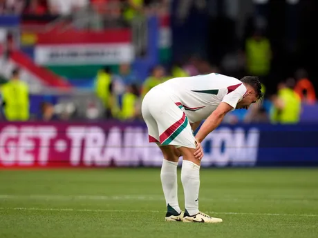 Hungary players react after a Group A match between Germany and Hungary at the Euro 2024 soccer tournament in Stuttgart, Germany, Wednesday, June 19, 2024. (AP Photo/Matthias Schrader)

- XEURO2024X