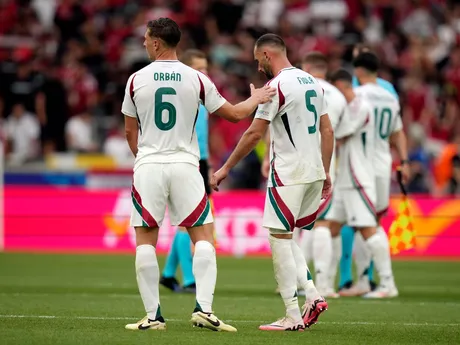 Hungary's Willi Orban (6) and Fiola (5) react after a Group A match between Germany and Hungary at the Euro 2024 soccer tournament in Stuttgart, Germany, Wednesday, June 19, 2024. (AP Photo/Matthias Schrader)

- XEURO2024X