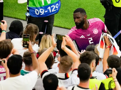 Germany's Antonio Ruediger greets fans after a 2-0 win over Hungary in a Group A match at the Euro 2024 soccer tournament in Stuttgart, Germany, Wednesday, June 19, 2024. (AP Photo/Themba Hadebe)

- XEURO2024X