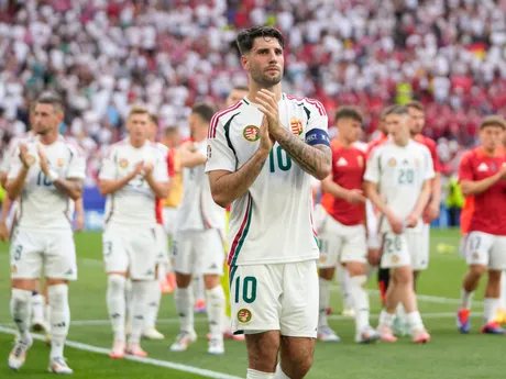 Hungary's Dominik Szoboszlai (10) applauds on the pitch after a Group A match between Germany and Hungary at the Euro 2024 soccer tournament in Stuttgart, Germany, Wednesday, June 19, 2024. (AP Photo/Darko Vojinovic)

- XEURO2024X