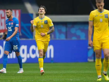 Mykola Shaparenko sa teší po strelení gólu v zápase Slovensko - Ukrajina v skupine E na EURO 2024 (ME vo futbale).