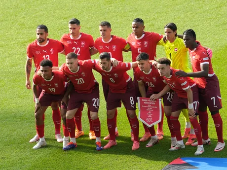 Futbalisti Švajčiarska počas zápasu Švajčiarsko - Taliansko na EURO 2024. 