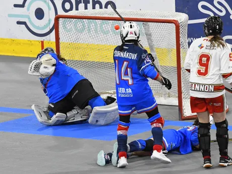 Momentka zo zápasu Slovensko - Kanada na MS v hokejbale žien 2024.