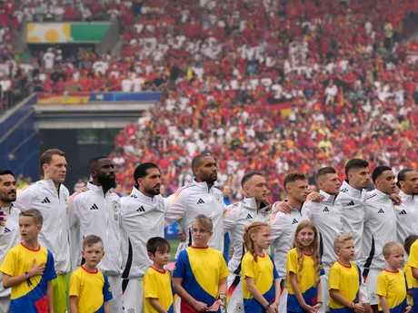 Nemeckí futbalisti pred zápasom so Španielskom vo štvrťfinále EURO 2024. 