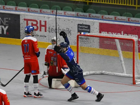 Momentka zo zápasu Slovensko U18 - Česko U18 na MS juniorov v hokejbale 2024.