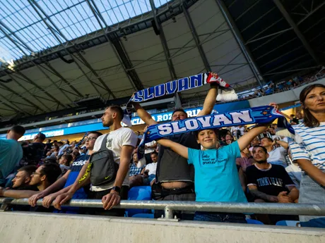 Fanúšikovia počas zápasu ŠK Slovan Bratislava - APOEL Nikózia v 1. zápase 3. predkola Ligy majstrov.