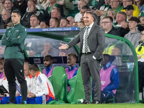 Tréner Brendan Rodgers počas zápasu Celtic Glasgow - ŠK Slovan Bratislava v 1. kole ligovej fázy Ligy majstrov.