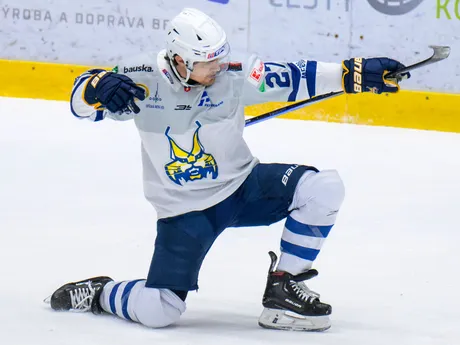 Zackari Logan Elijah Andrusiak (Spišská Nová Ves) sa teší z tretieho gólu počas zápasu 12. kola hokejovej Tipos extraligy HK Spišská Nová Ves - HC MONACObet Banská Bystrica.