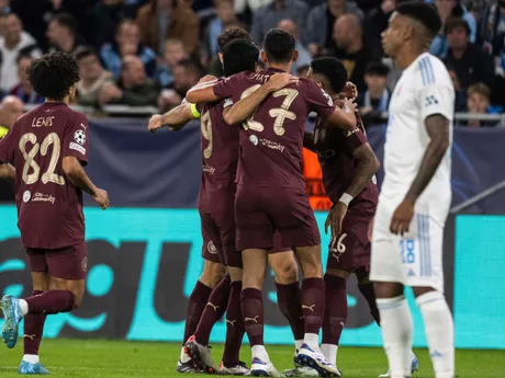 Gólová radosť hráčov Manchestru City počas zápasu Slovan Bratislava - Manchester City v 2. kole ligovej fázy Ligy majstrov.