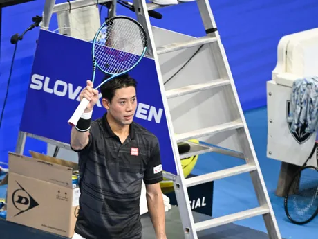 Na snímke japonský tenista Kei Nišikori sa raduje z víťazstva nad Slovákom Lukášom Kleinom v 2. kole dvojhry na challengerovom turnaji Slovak Open v Bratislave.