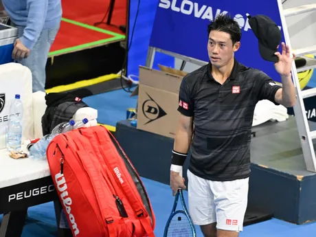 Na snímke japonský tenista Kei Nišikori sa raduje z víťazstva nad Slovákom Lukášom Kleinom v 2. kole dvojhry na challengerovom turnaji Slovak Open v Bratislave.