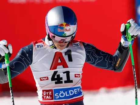 Brazil's Lucas Pinheiro Braathen celebrates at the finish area of an alpine ski, men's World Cup giant slalom, in Soelden, Austria, Sunday, Oct. 27, 2024. (AP Photo/Alessandro Trovati)