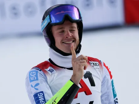 Norway's Atle Lie McGrath celebrates at the finish area of an alpine ski, men's World Cup giant slalom, in Soelden, Austria, Sunday, Oct. 27, 2024. (AP Photo/Marco Trovati)