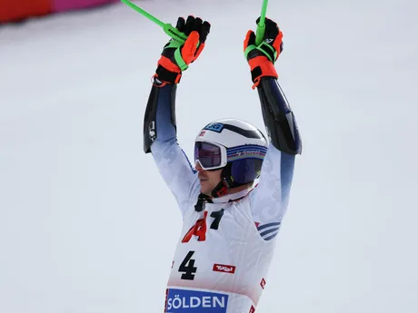 Norway's Henrik Kristoffersen celebrates at the finish area of an alpine ski, men's World Cup giant slalom, in Soelden, Austria, Sunday, Oct. 27, 2024. (AP Photo/Marco Trovati)