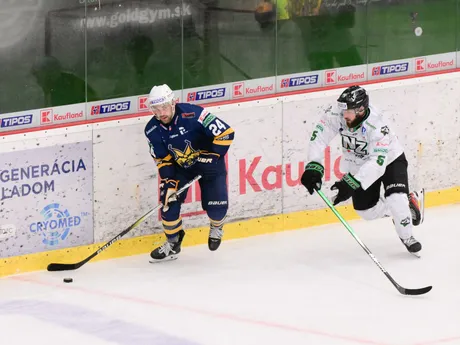 Patrik Števuliak (vľavo) a Michal Roman v zápase HC Mikron Nové Zámky - HK Spišská Nová Ves v 8. kole Tipos extraligy.