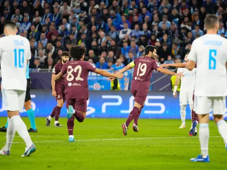 Ilkay Gundogan sa raduje z gólu počas zápasu Slovan Bratislava - Manchester City v 2. kole Ligy majstrov.