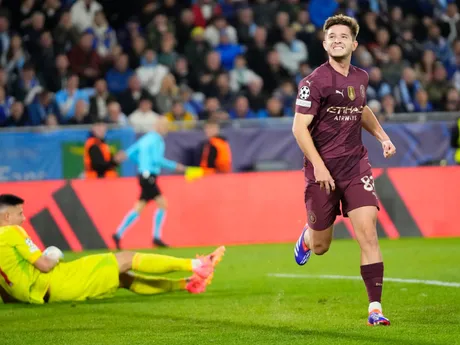 James McAtee sa raduje zo strelenia gólu počas zápasu Slovan Bratislava - Manchester City v 2. kole ligovej fázy Ligy majstrov.