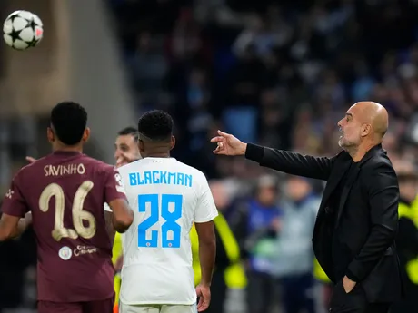 Tréner Manchestru City Pep Guardiola počas zápasu Slovan Bratislava - Manchester City v 2. kole ligovej fázy Ligy majstrov.