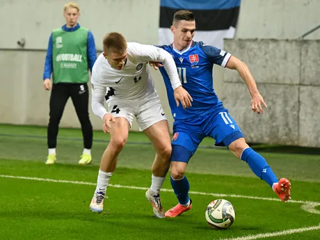 Ľubomír Tupta a Michael Schjonning-Larsen počas zápasu C-divízie Ligy národov (LN) Slovensko - Estónsko.