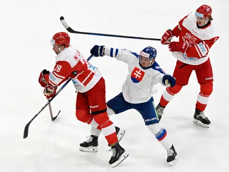 Martin Larsen (Dánsko), Adam Žiak (Slovensko) a Lucas Andersen (Dánsko) počas zápasu Dánsko - Slovensko na turnaji o Nemecký pohár.