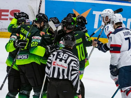 Gólová radosť žilinských hokejistov počas 16. kola Tipos extraligy HC Slovan Bratislava - Vlci Žilina.