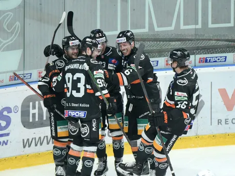 Radosť hráčov Košíc po úvodnom góle v zápase 19. kola hokejovej Tipos extraligy HK Nitra - HC Košice.