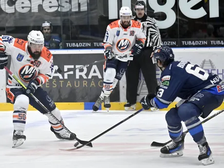 Kaspars Daugavinš (Michalovce) a Trent Bourque (Poprad) v zápase 18. kola hokejovej Tipos extraligy.