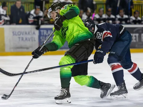 Zľava v súboji o puk Kamil Walega (Žilina) a Tomáš Královič (Bratislava) v zápase 27. kola hokejovej Tipos extraligy medzi Vlci Žilina - HC Slovan Bratislava.