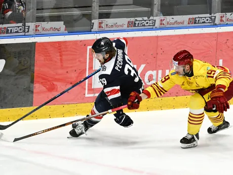 Vľavo Liam Pecararo (Slovan) a vpravo Tomáš Starosta (Trenčín) v 35. kole Tipos extraligy HC Slovan Bratislava - HK Dukla Trenčín.