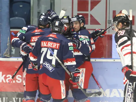 Gólová radosť Zvolena počas zápasu 41. kola hokejovej Tipos extraligy HKM Zvolen - HC MONACObet Banská Bystrica.