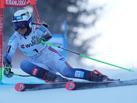 Thea Louise Stjernesundová počas obrovského slalomu žien v Kranjskej Gore. 