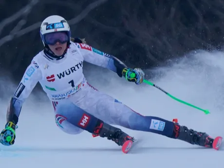 Thea Louise Stjernesundová počas obrovského slalomu žien v Kranjskej Gore. 