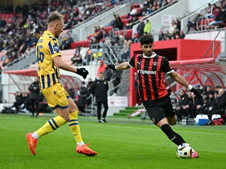 Sprava Roko Jureškin (Trnava) a Matej Trusa (DAC) počas zápasu 20. kola Niké ligy FC Spartak Trnava - FC DAC 1904 Dunajská Streda.