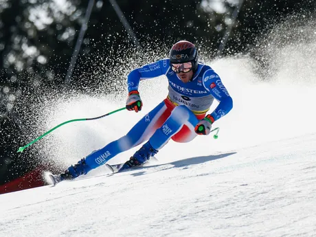 Francúz Nils Allegre počas pretekov super-G na MS v zjazdovom lyžovaní v Saalbachu 2025.