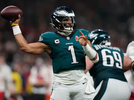 Quarterback Philadelphie Eagles Jalen Hurts v Super Bowle LIX.