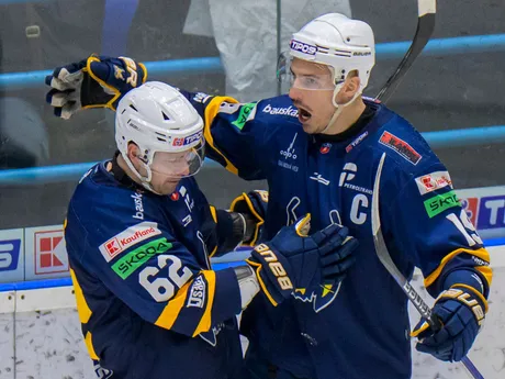 Na snímke radosť hokejistov Spišskej Novej Vsi z gólu počas zápasu 53. kola hokejovej Tipos extraligy HK Spišská Nová Ves - HC Slovan Bratislava.