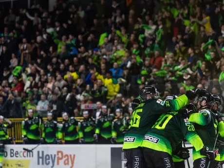 Na snímke hráči Žiliny sa tešia z gólu v piatom zápase štvrťfinále play-off hokejovej Tipos extraligy.