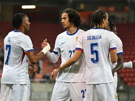 Na snímke radosť hráčov Francúzska po strelení gólu počas priateľského zápasu Slovensko 21 - Francúzsko 21 v Trnave.