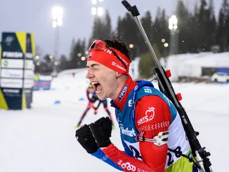 Jakub Borguľa v cieli pretekov šprintu  na majstrovstvách sveta juniorov a kadetov vo švédskom Östersunde.