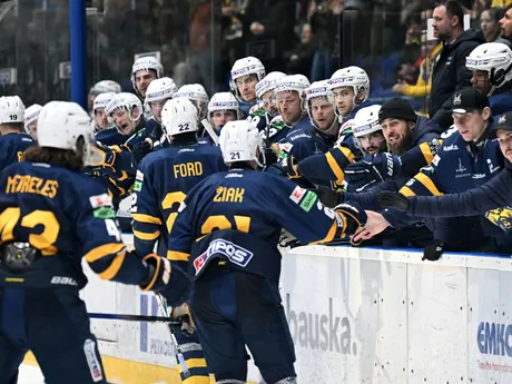 Na snímke gólová radosť hráčov Spišskej Novej Vsi na striedačke v piatom zápase štvrťfinále play off hokejovej Tipos extraligy HK Spišská Nová Ves - HKM Zvolen.
