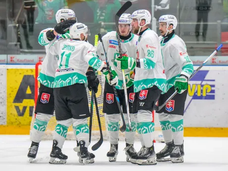 Na snímke hokejisti Skalice sa tešia z gólu počas piateho zápasu finále play off hokejovej Tipos SHL HC Prešov - HK Skalica.