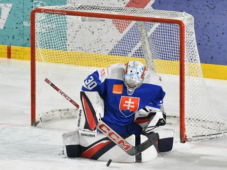 Samuel Hrenák (Slovensko) počas prípravného hokejového zápasu Slovensko 18 - Lotyšsko 18.