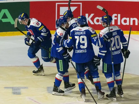 Na snímke radosť hráčov Slovenska po prvom góle počas prípravného zápasu pred MS 2025 Slovensko - Nemecko.