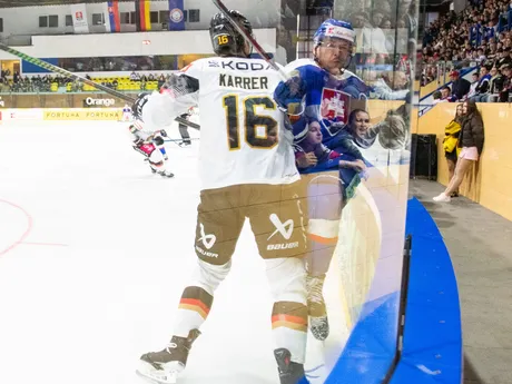 Na snímke sprava Patrik Hrehorčák (Slovensko) a Julius Karrer (Nemecko) počas prípravného zápasu pred MS 2025 Slovensko - Nemecko.